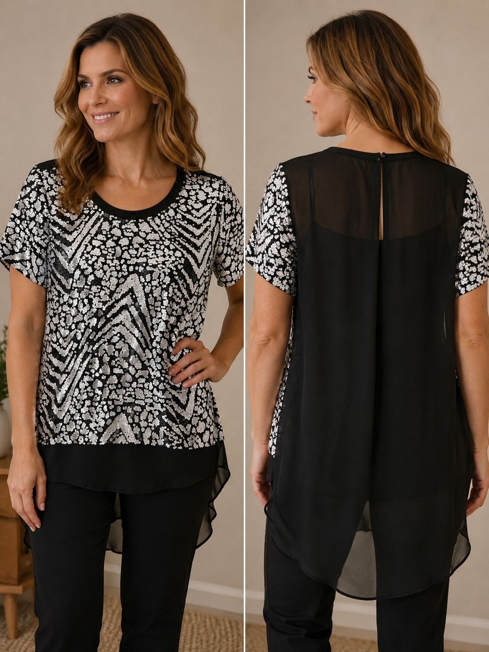 Alberto Makali Black and White Sequin-Embellished Short Sleeve Top